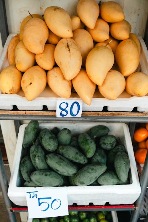 A display of fruit in a store with prices