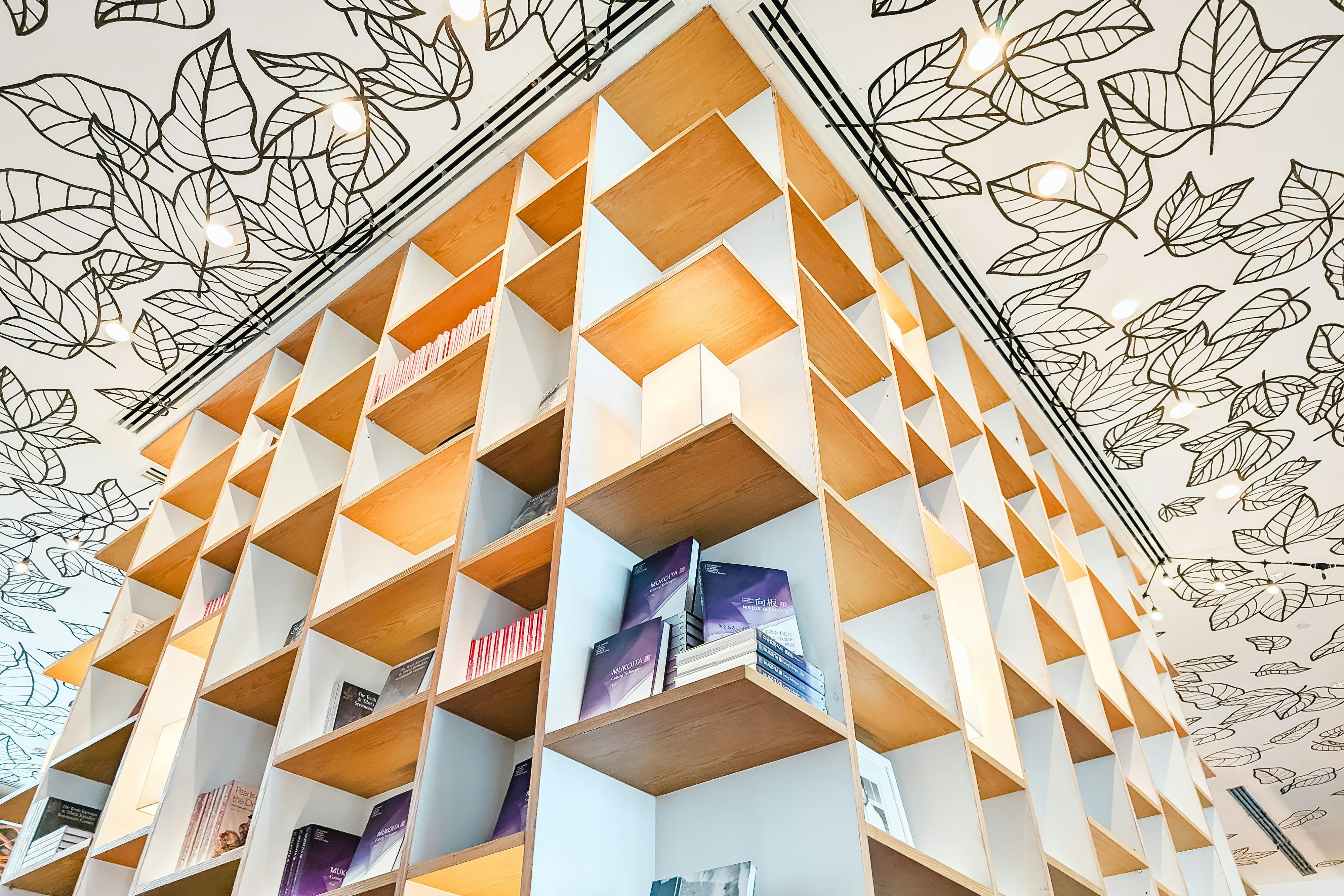 a ceiling with a patterned design and bookshelves