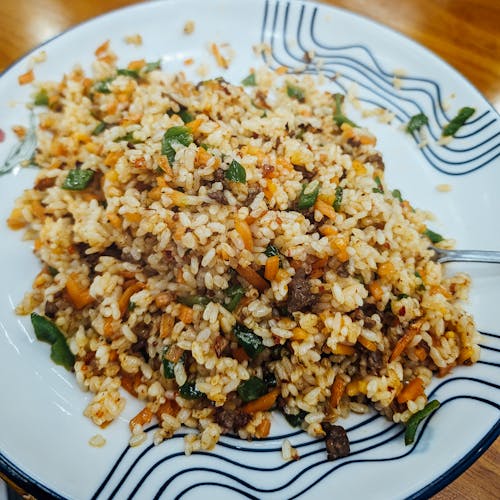 A plate of rice with meat and vegetables on it