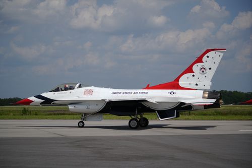 Free US Air Force Thunderbird F-16 Fighter Jet on runway in Charleston, South Carolina. Stock Photo