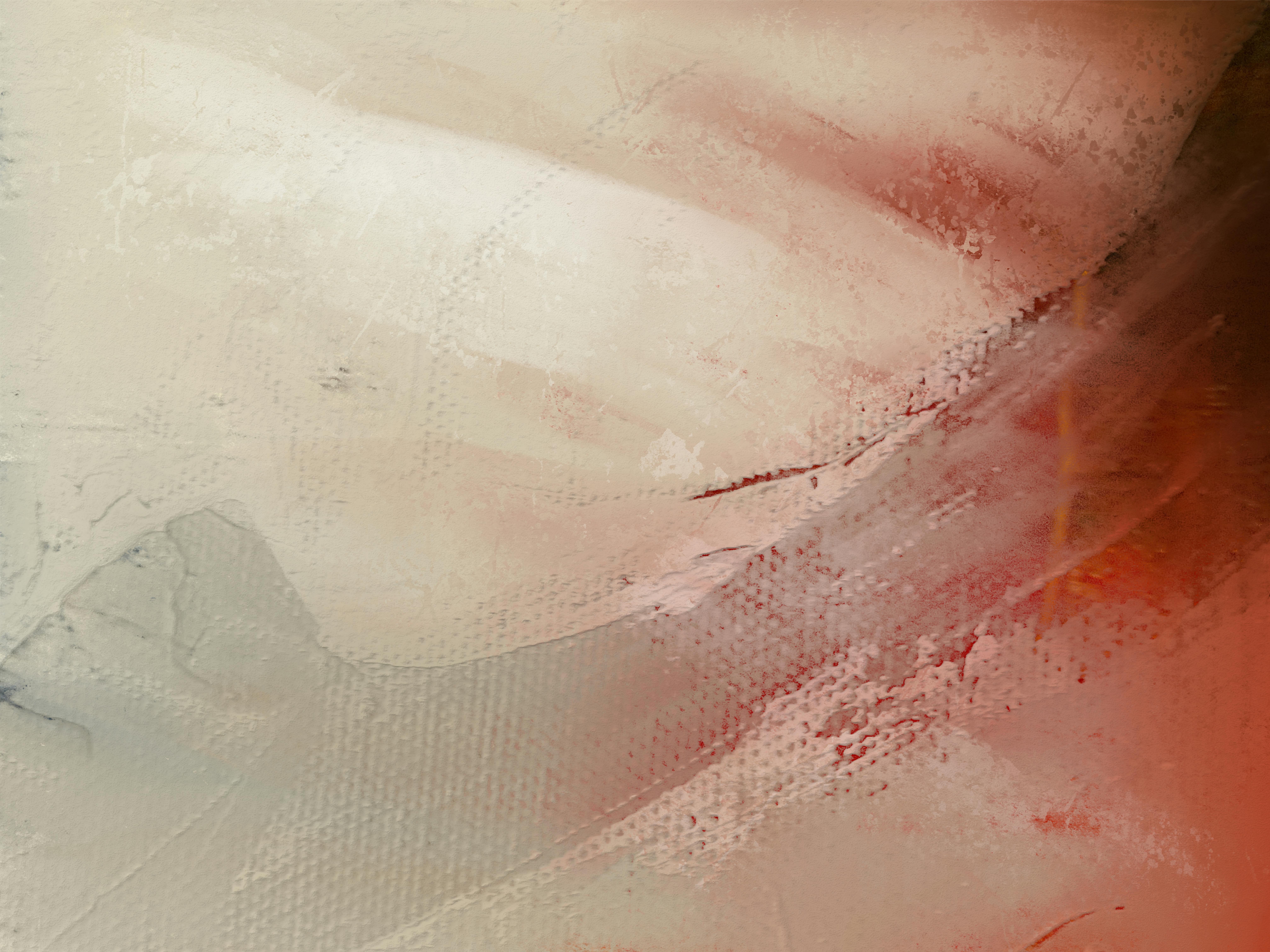 Close-up of an abstract red and cream textured painting with brush strokes.