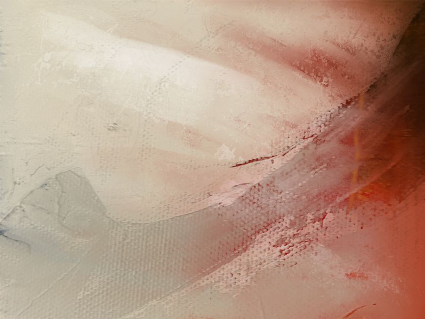 Close-up of an abstract red and cream textured painting with brush strokes.