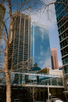 City skyscrapers under a blue sky in winter, showcasing modern architecture and urban development.