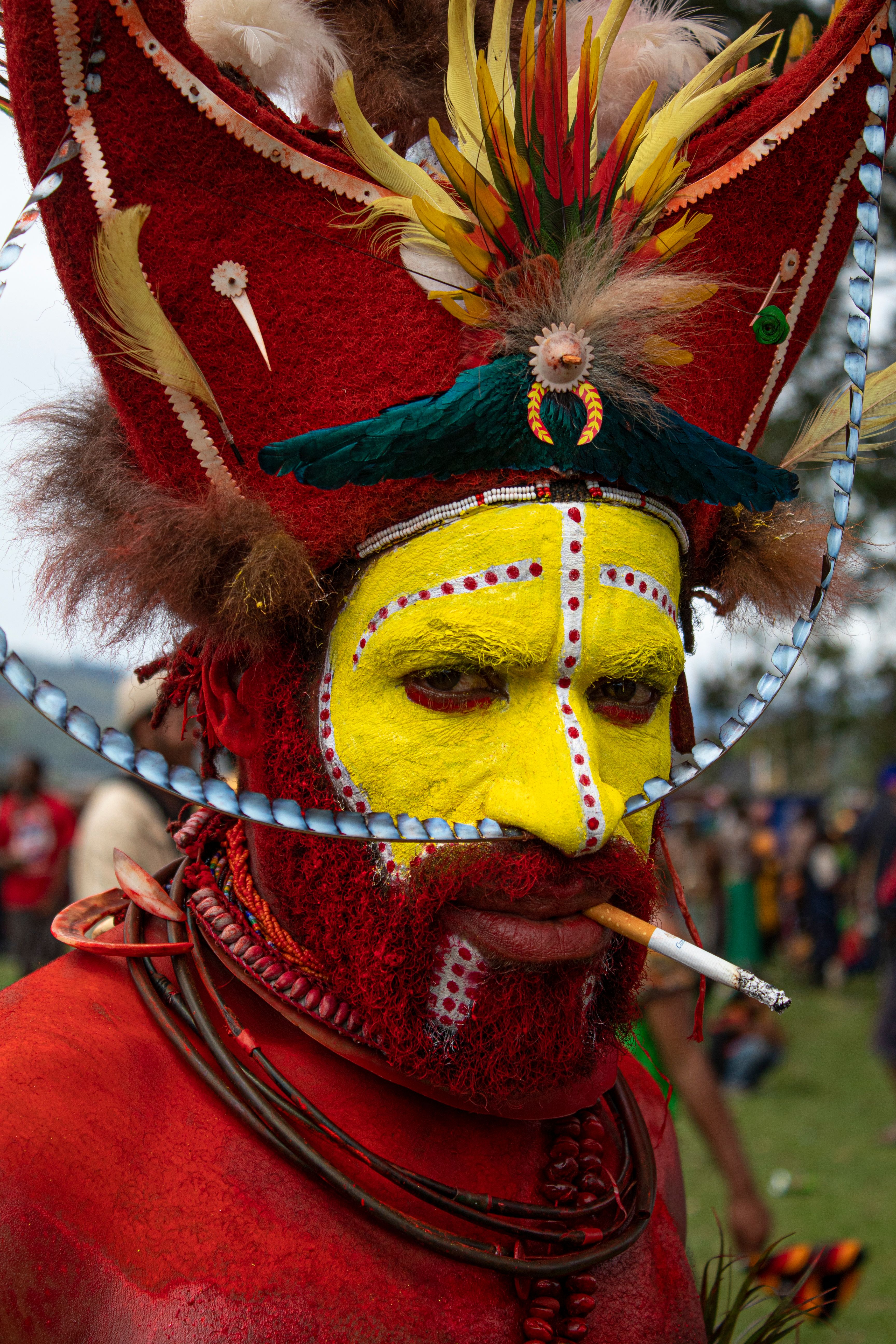 Traditional tribal attire and facial painting at Goroka Show, Papua New Guinea.