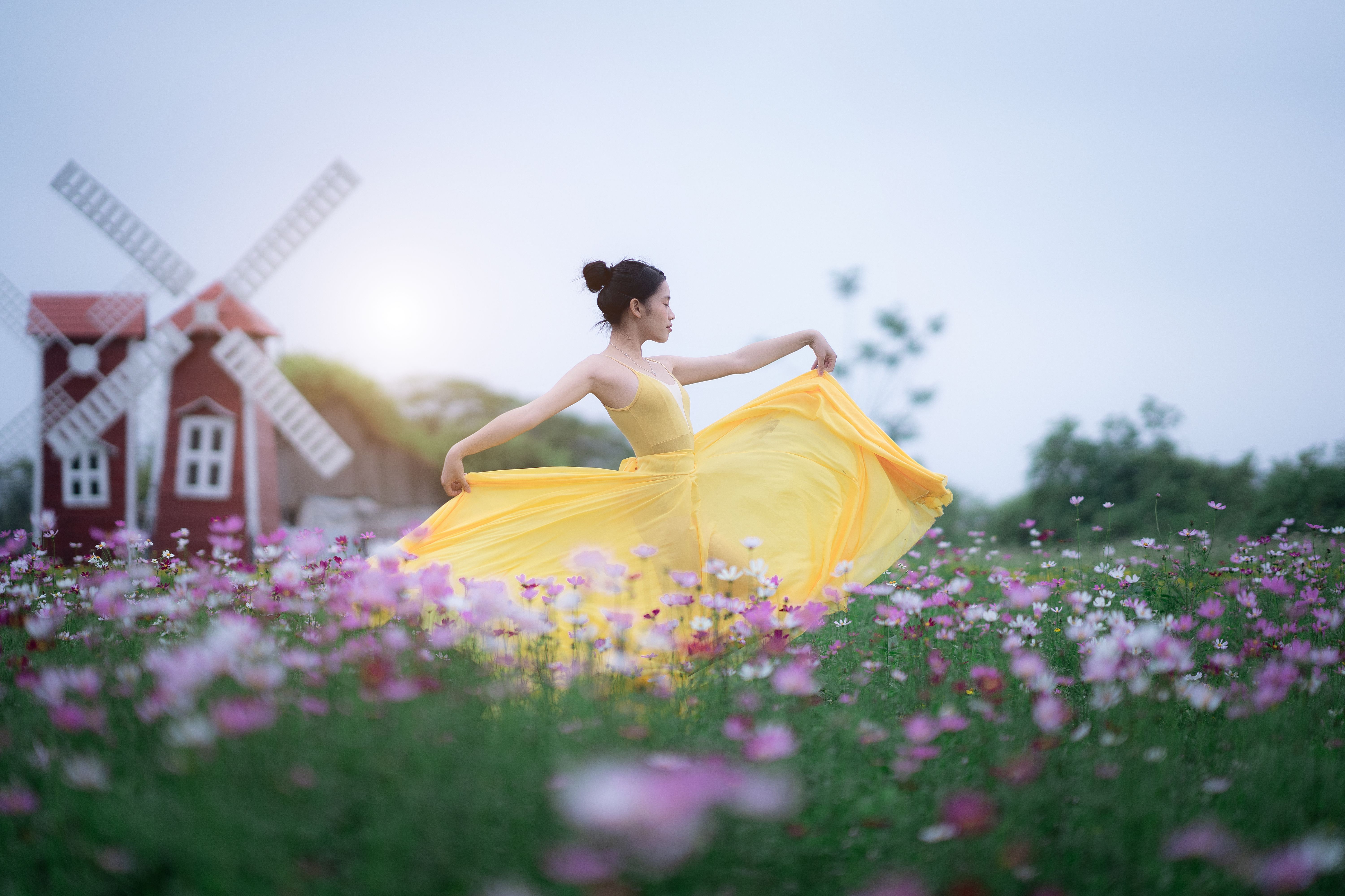 Model in Yellow Dress Posing in Meadow · Free Stock Photo