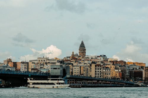 A boat is crossing the water in front of a city