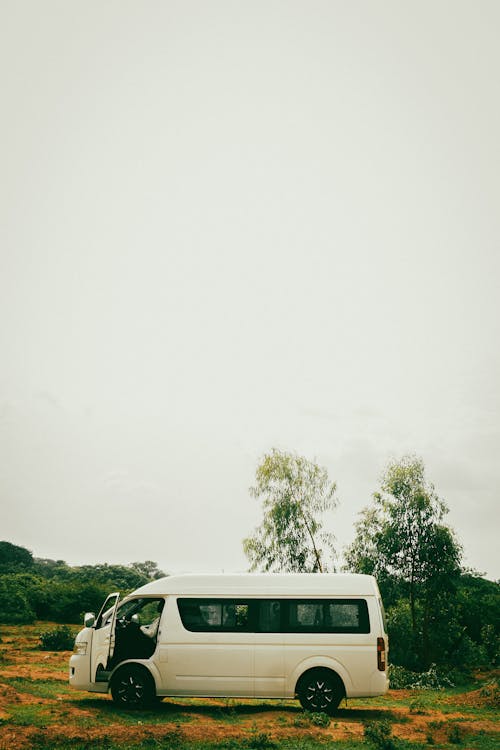 A white van parked in a field with trees