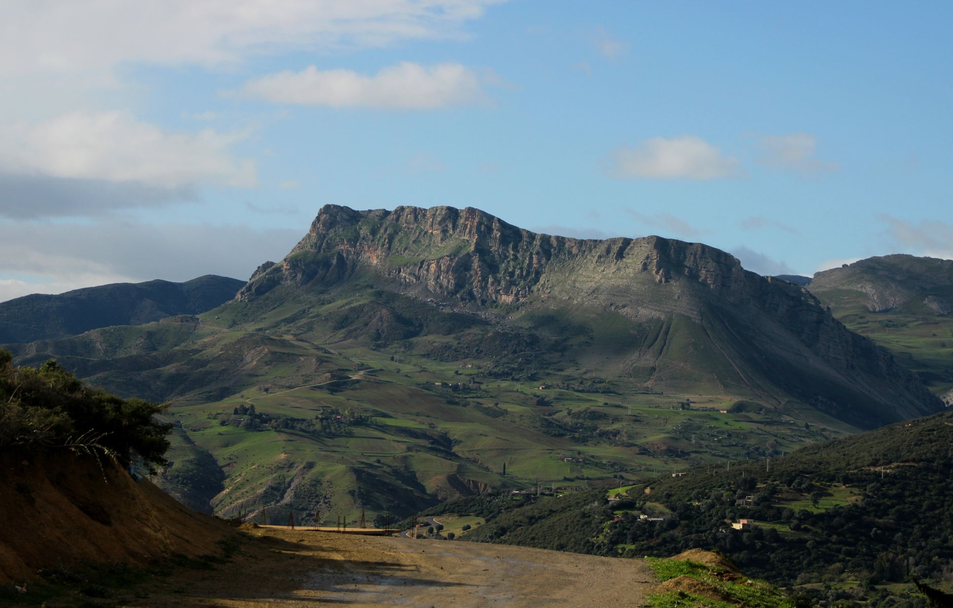 Breathtaking view of lush green mountains in Algeria under a clear blue sky.