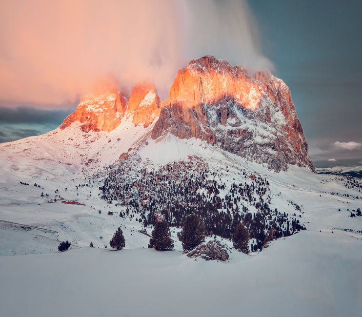 Beautiful sunrise over snow-covered mountains in Trentino-South Tyrol, Italy.