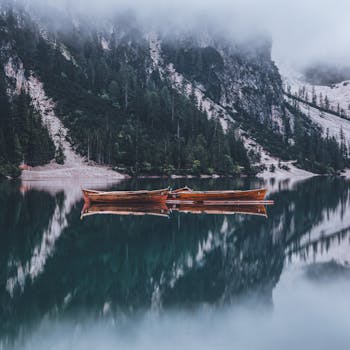 冬日景色静谧，湖面薄雾中泊着小船，倒映着远山与白雪覆盖的森林