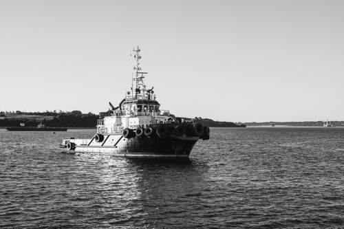 Free A black and white photo of a tugboat navigating the calm sea near the coast. Stock Photo