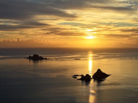 Golden sunrise over Ōakura coastline with silhouette of rocky islands in New Zealand.