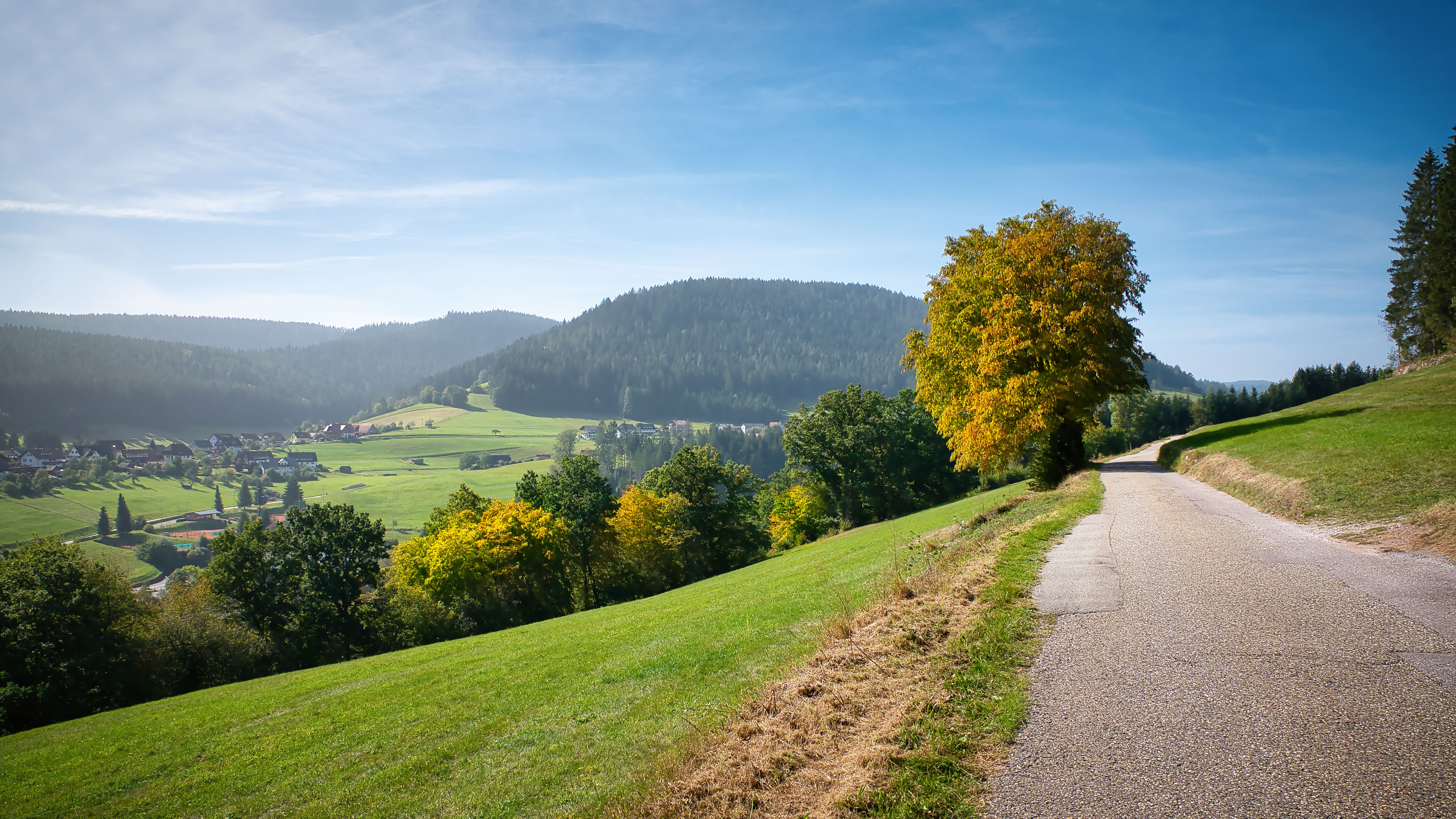 Idyllic countryside road in Baiersbronn, Germany with scenic hills and lush greenery.