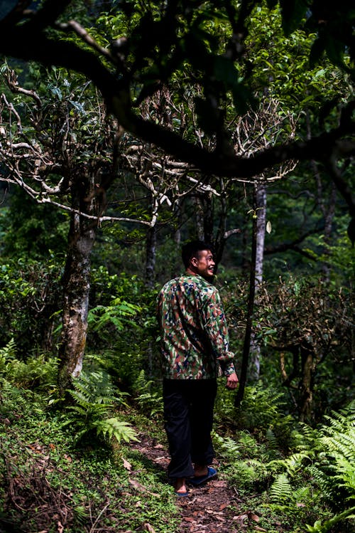 A man in a camouflage jacket walking through the forest