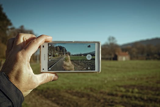 一只手握着智能手机，清晰地捕捉风景秀丽的乡村道路和田野