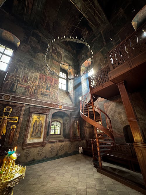 The interior of a church with a spiral staircase