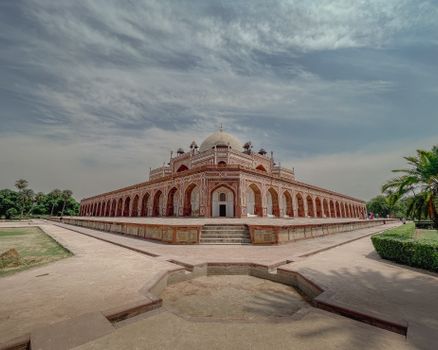 A majestic view of Humayun's Tomb, a prime example of Mughal architecture in Delhi, India.