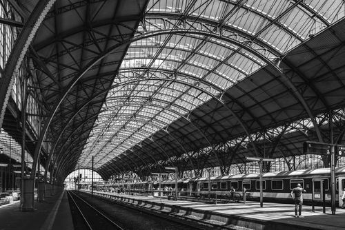 Free Black and white image of Prague's iconic train station showcasing architectural detail. Stock Photo