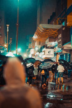 夜晚，人们撑着伞走在潮湿的城市街道上，展现着城市的夜生活与氛围
