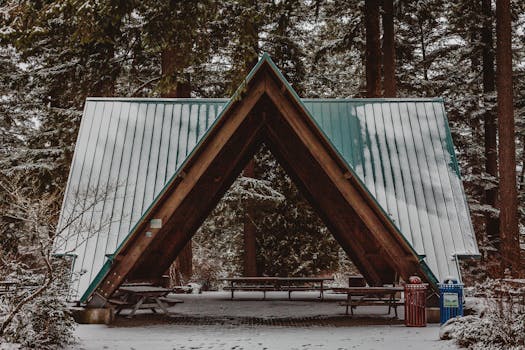 冬日森林中，白雪皑皑的凉亭映衬出一片宁静的景象