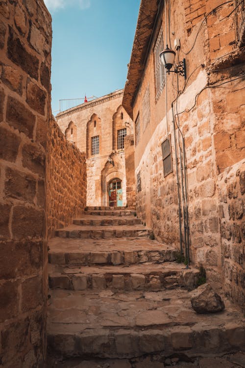 A stone stairway leading up to a building