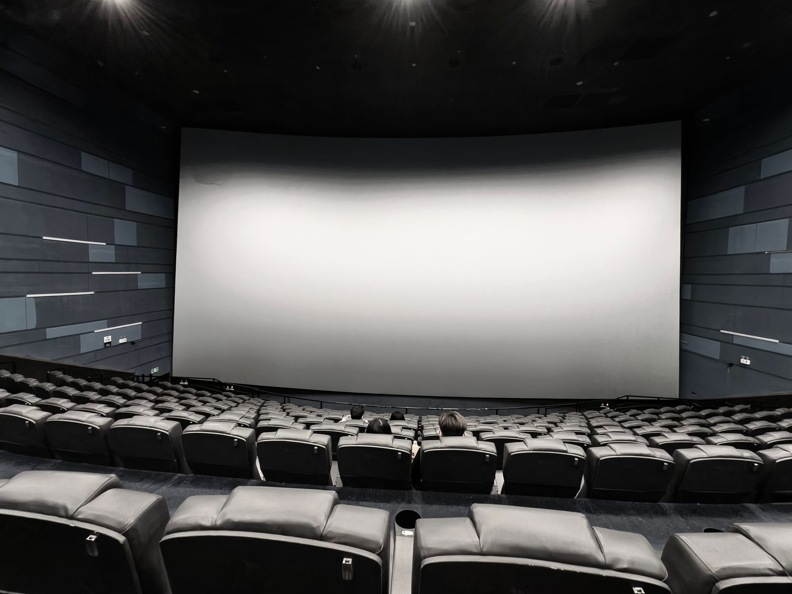 Sala de cine amplia con pantalla grande y asientos vacíos