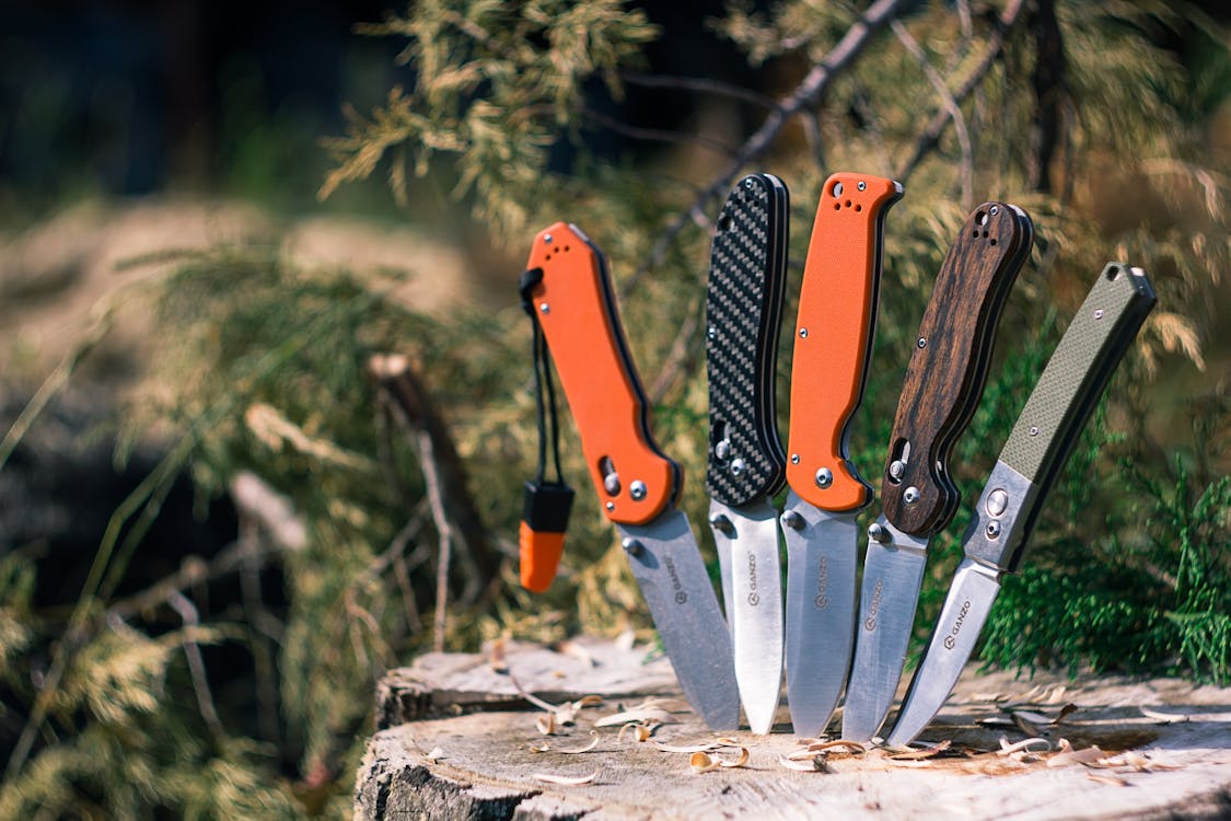 Five Pocketknives Impaled on Tree Trunk