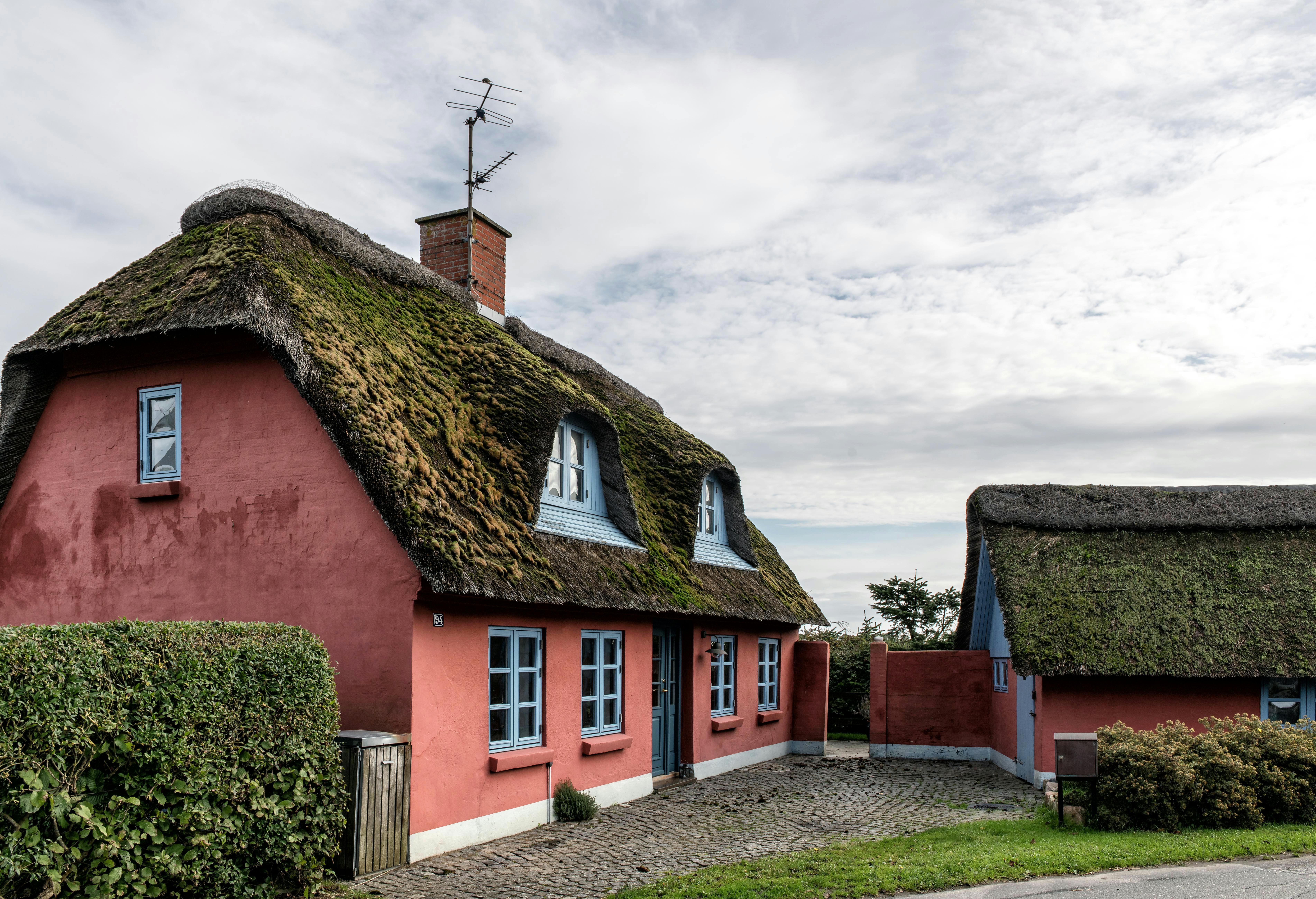 Charming thatched cottages with red walls in Haderslev, Denmark under a cloudy sky.