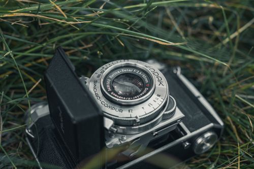 Free Close-up of a vintage Kodak camera nestled in grass, evoking nostalgia and classic photography. Stock Photo