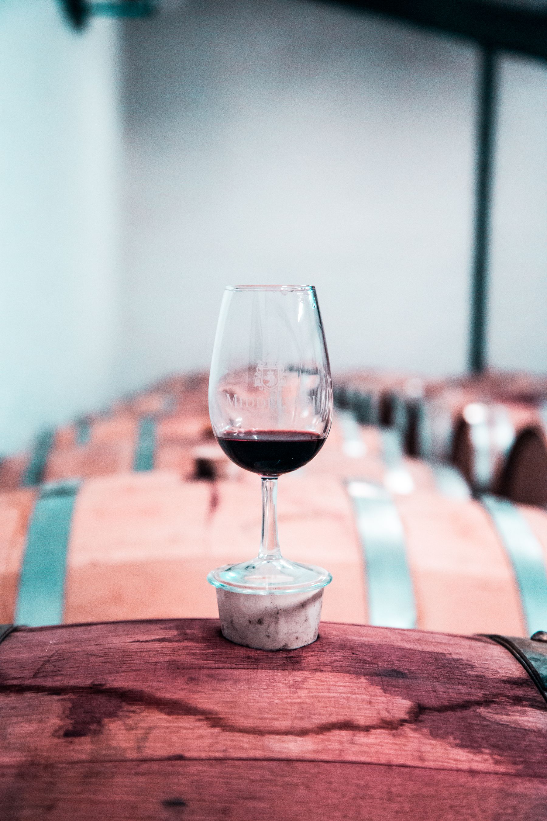 A tasting glass standing on a cask in the cool of the cellar