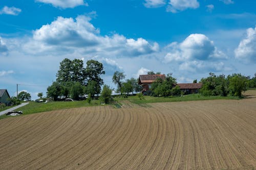 A farm with a house in the middle of a field