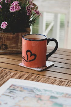 质朴的木桌上鲜花环绕，放着一杯温暖的咖啡，非常适合放松