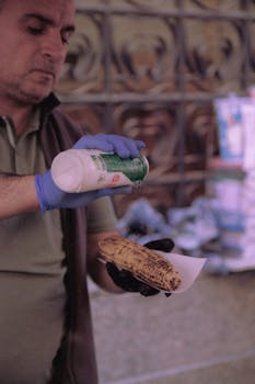 Street vendor grilling and seasoning corn at a market in Istanbul, Türkiye.