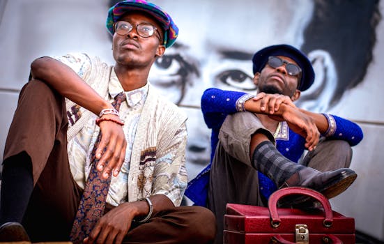 两名时尚男子在城市环境中自信地对着壁画摆姿势