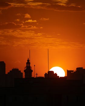 Silhouette of São Paulo skyline at sunset with dramatic orange sky.