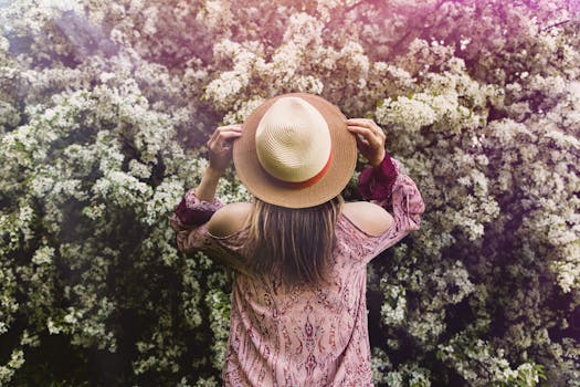 多伦多花园里，一位戴着帽子的女人正拥抱春天的花朵