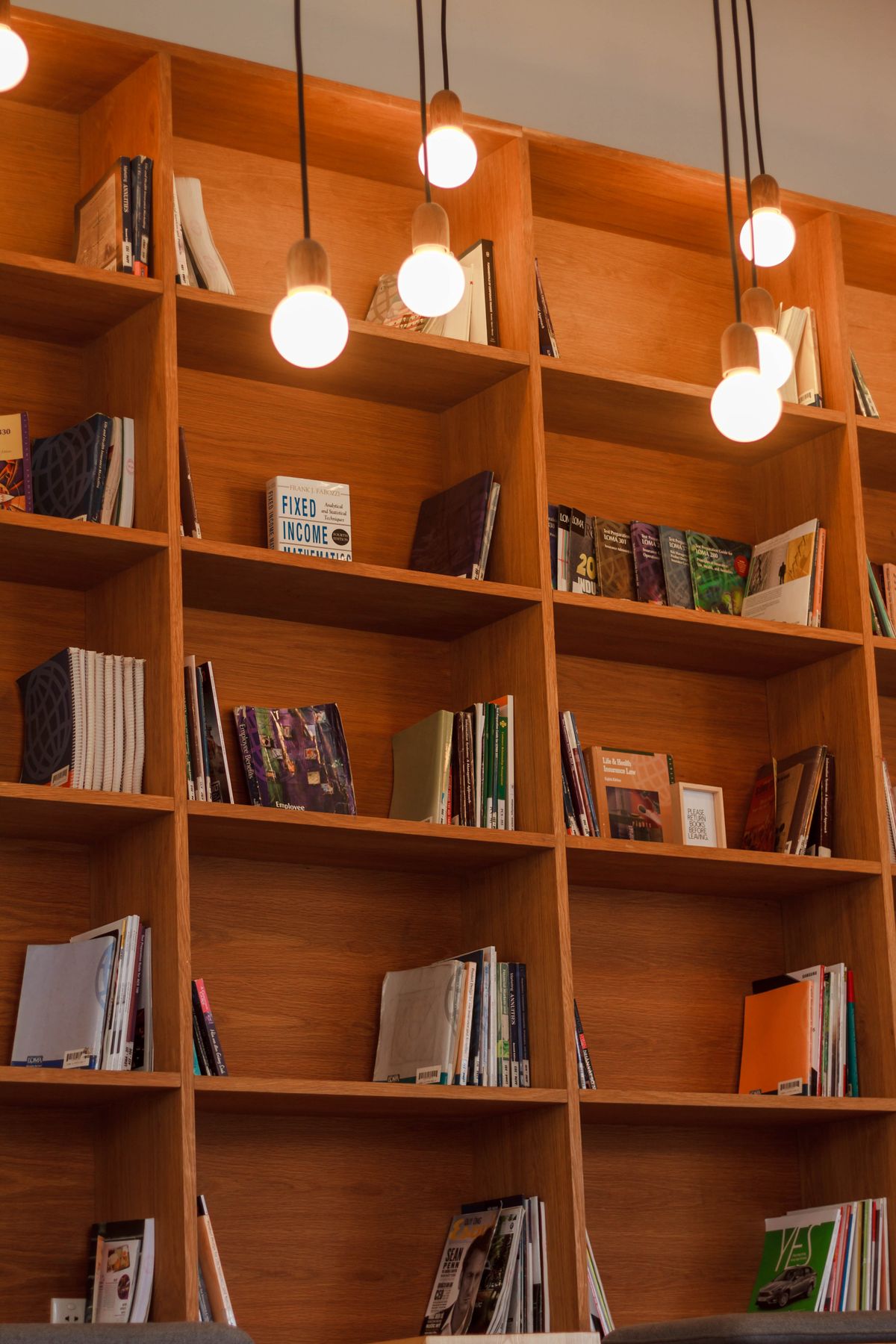Christmas light decor ideas with wooden bookshelves filled with books and warm hanging lights