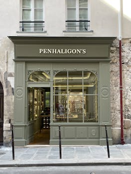 Classic storefront of Penhaligon's perfume shop in Paris, France.