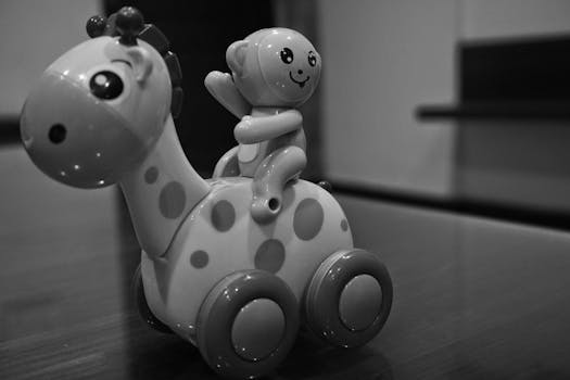 Monochrome close-up of a toy giraffe with a smiling doll rider on wheels.