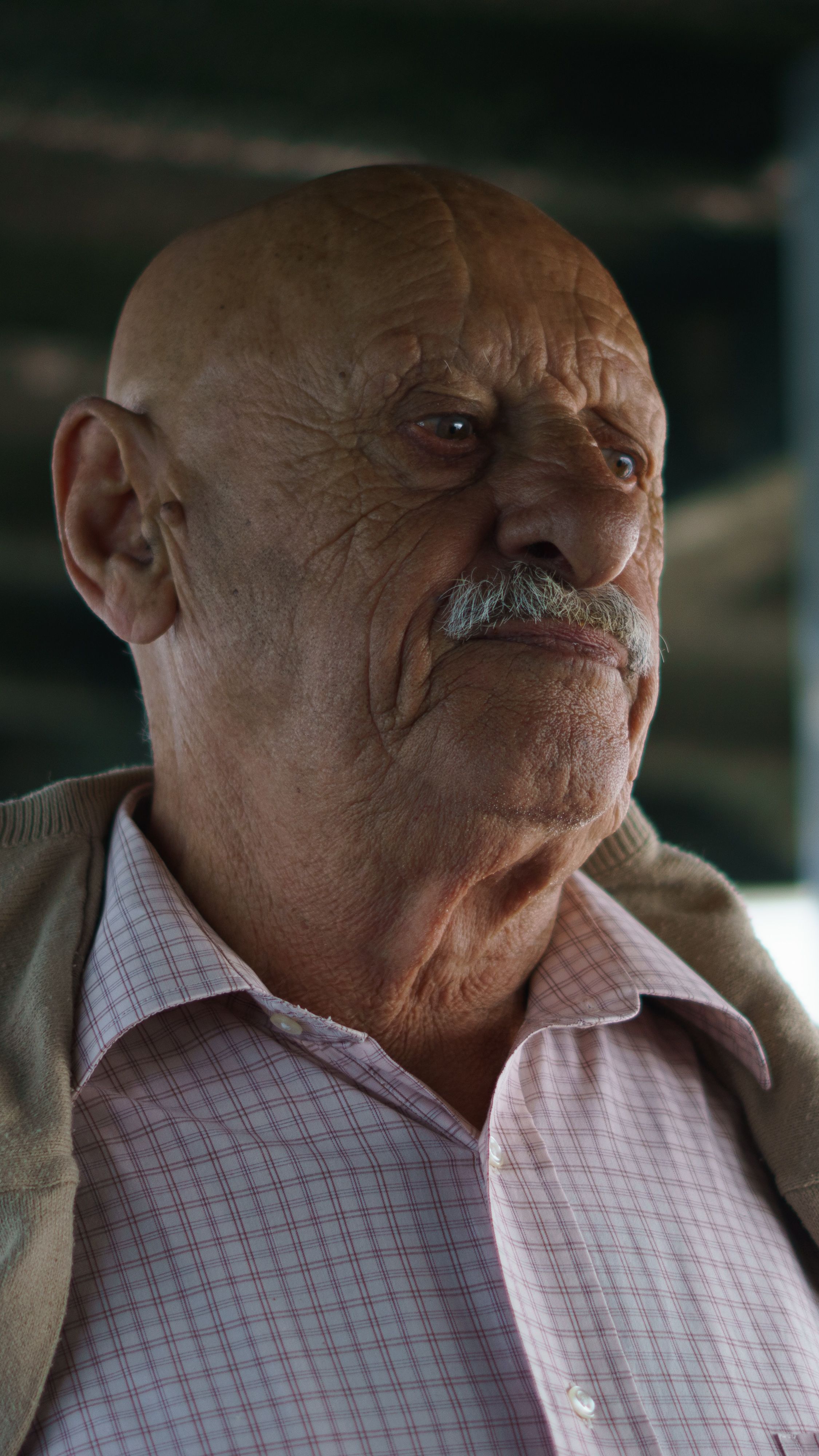 Portrait of a senior man with bald head and gray mustache in a casual jacket.