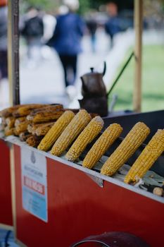 Fresh corn on the cob displayed at a street vendor in Istanbul, Turkey.