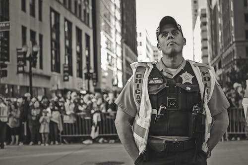 Grayscale Photo of a Police