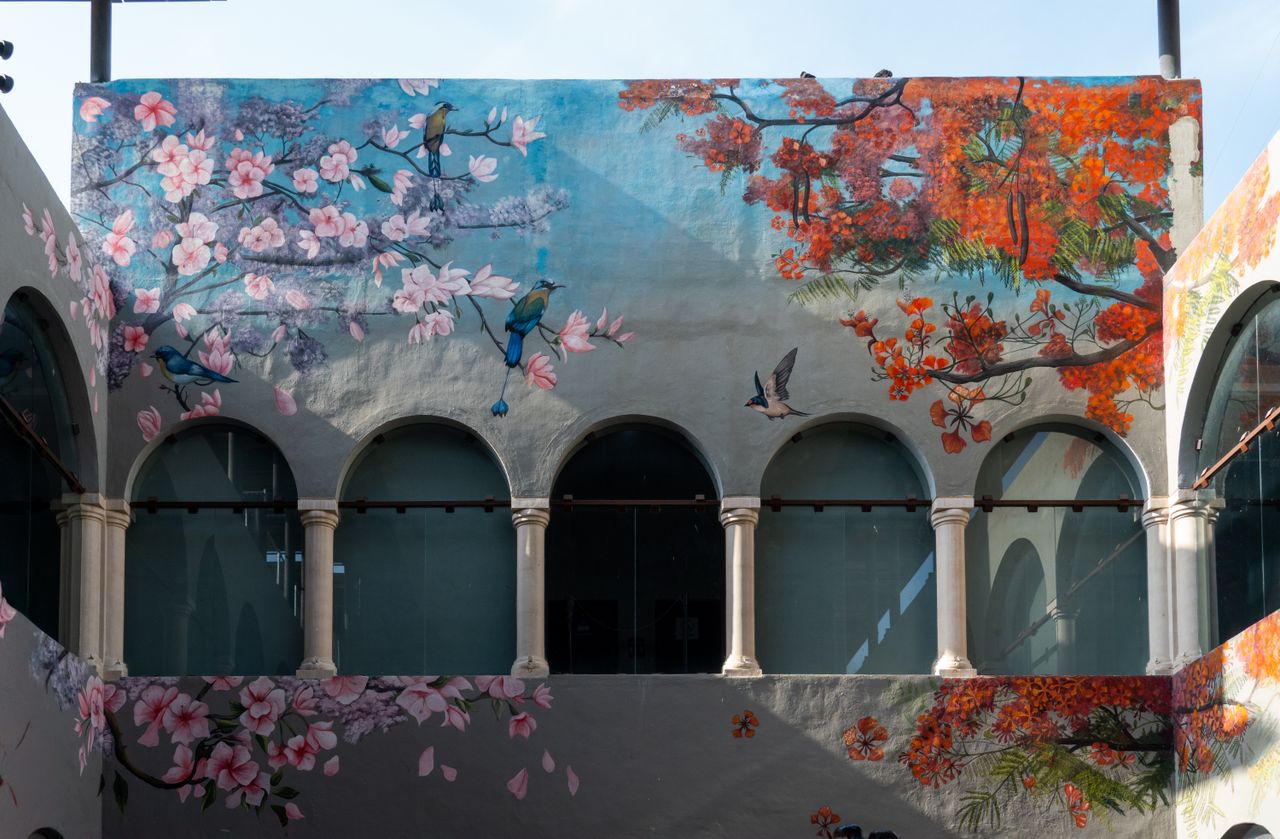 vibrant mural depicting birds and flowers on arched fa ade in merida m