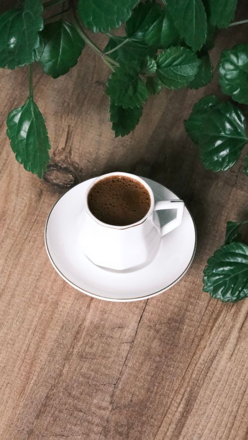 Free High-angle shot of espresso in a white cup on a wooden table surrounded by green leaves. Stock Photo