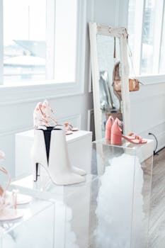 在一家别致的精品店内，现代鞋类系列在自然光线下优雅展示