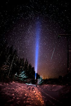 在芬兰于韦斯屈莱的星空下，一个人拿着手电筒走在白雪皑皑的森林里