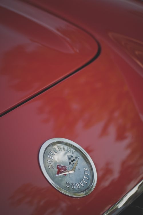 Free Detailed shot of a classic Chevrolet Corvette emblem on a vintage car hood. Stock Photo