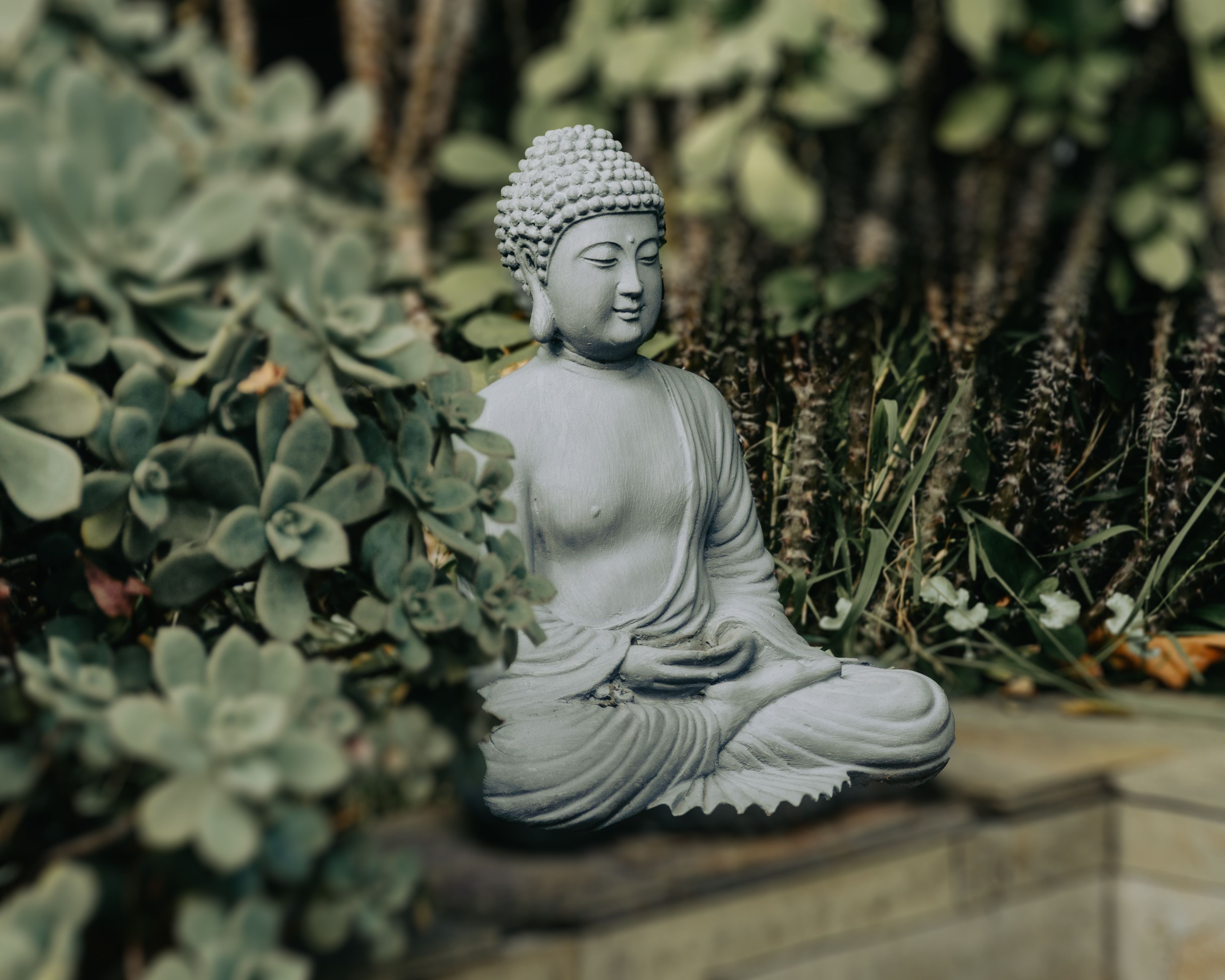 A peaceful Buddha statue in a meditative pose surrounded by lush greenery, symbolizing tranquility.