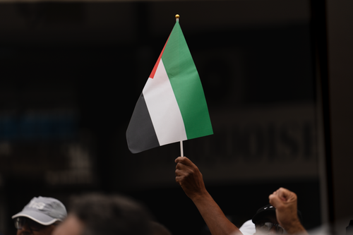 Free Close-up of a hand holding a Palestinian flag during protest in Rabat, Morocco. Stock Photo
