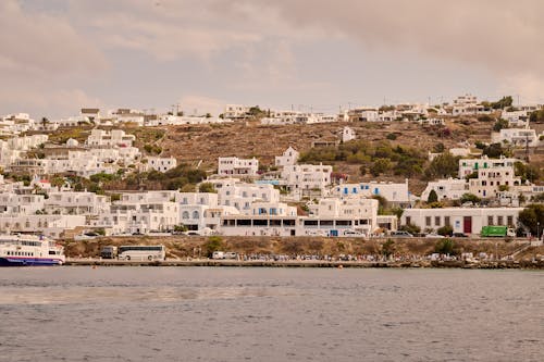 A view of the town of mykonos from the water